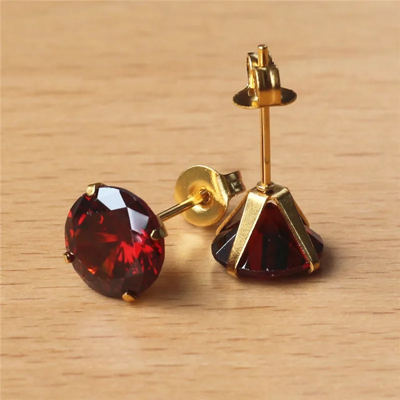 316 L Stainless Steel Gold-color Vacuum Plating With 8mm Round AAA Pomegranate Red Zircon Stud Earrings 201903011428