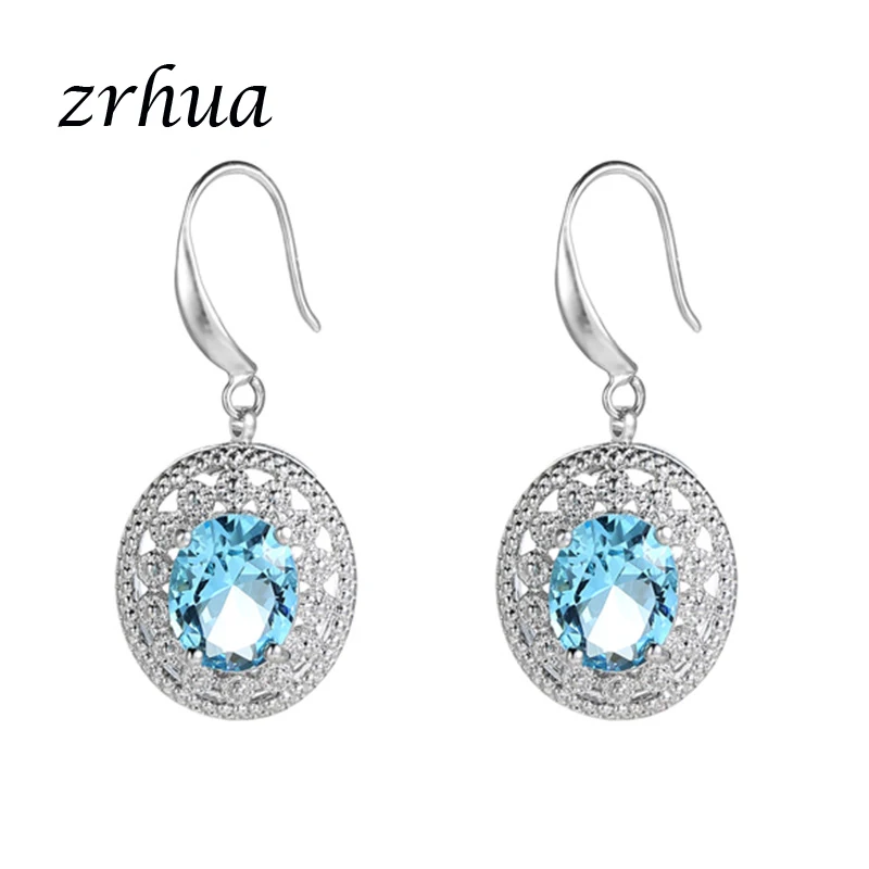 

ZRHUA Hot Sale Blue Stone Silver Color Drop Earrings Top Quality Cubic Zirconia Dangle Earrings for Engagement Jewelry Gift