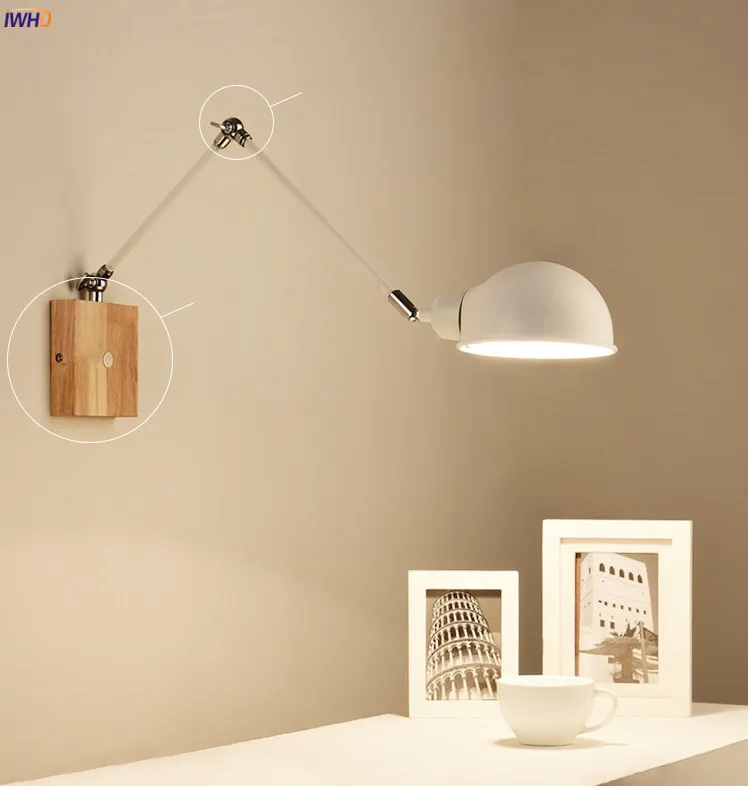 IWHD Wooden Nordic Modern LED Wall Light Fixtures Living Room Bathroom Swing Long Arm Wall Lamp Beside Wandlamp Aplique De Pared images - 6