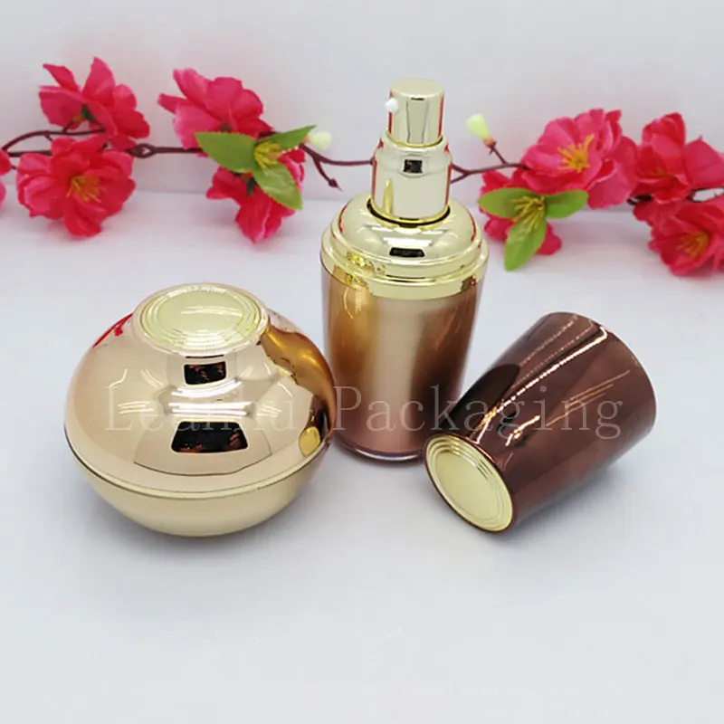 gold skin care bottle plastic acrylic cream lotion container bottle, cosmetic jar, top quality cosmetics packaging acrylic bottle