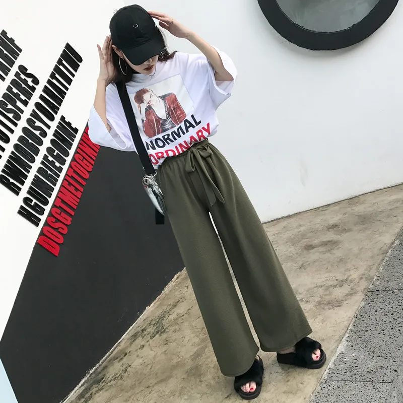 Брюки Ulzzang женские свободные элегантные мягкий пояс с высокой талией летние