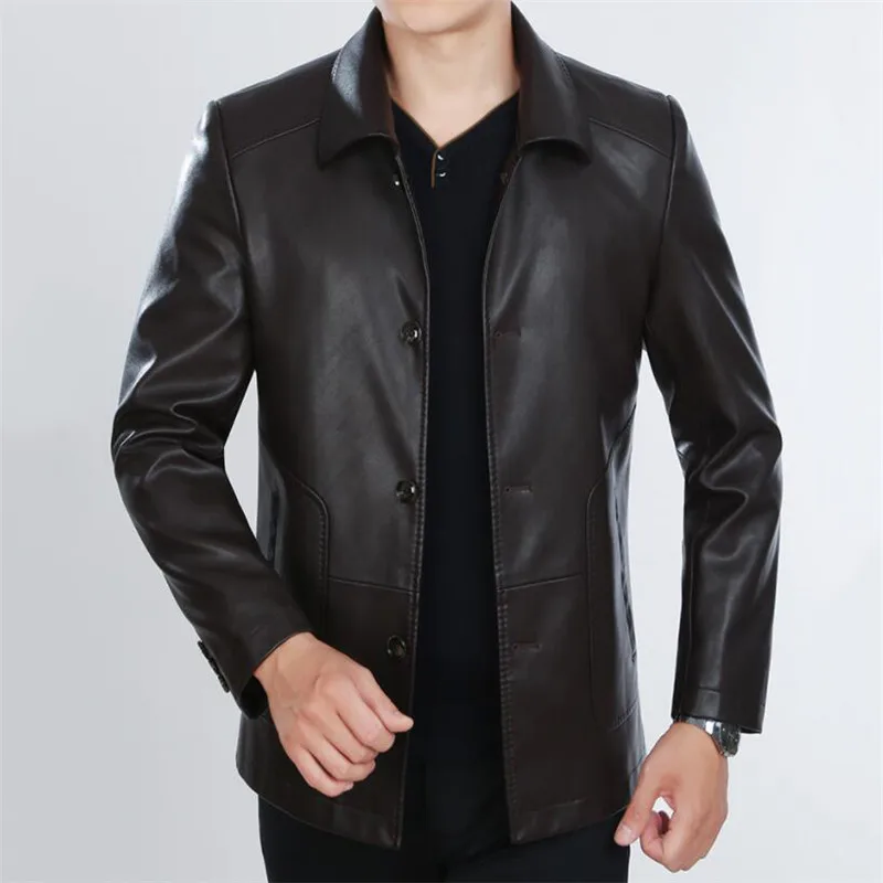 Dark brown thick Spring Autumn Men Leather Jacket New Mens Business Casual Sheepskin Coats Plus Velvet Thick Loose Warm Male Outerwear N599 - Цвет: Dark brown thick