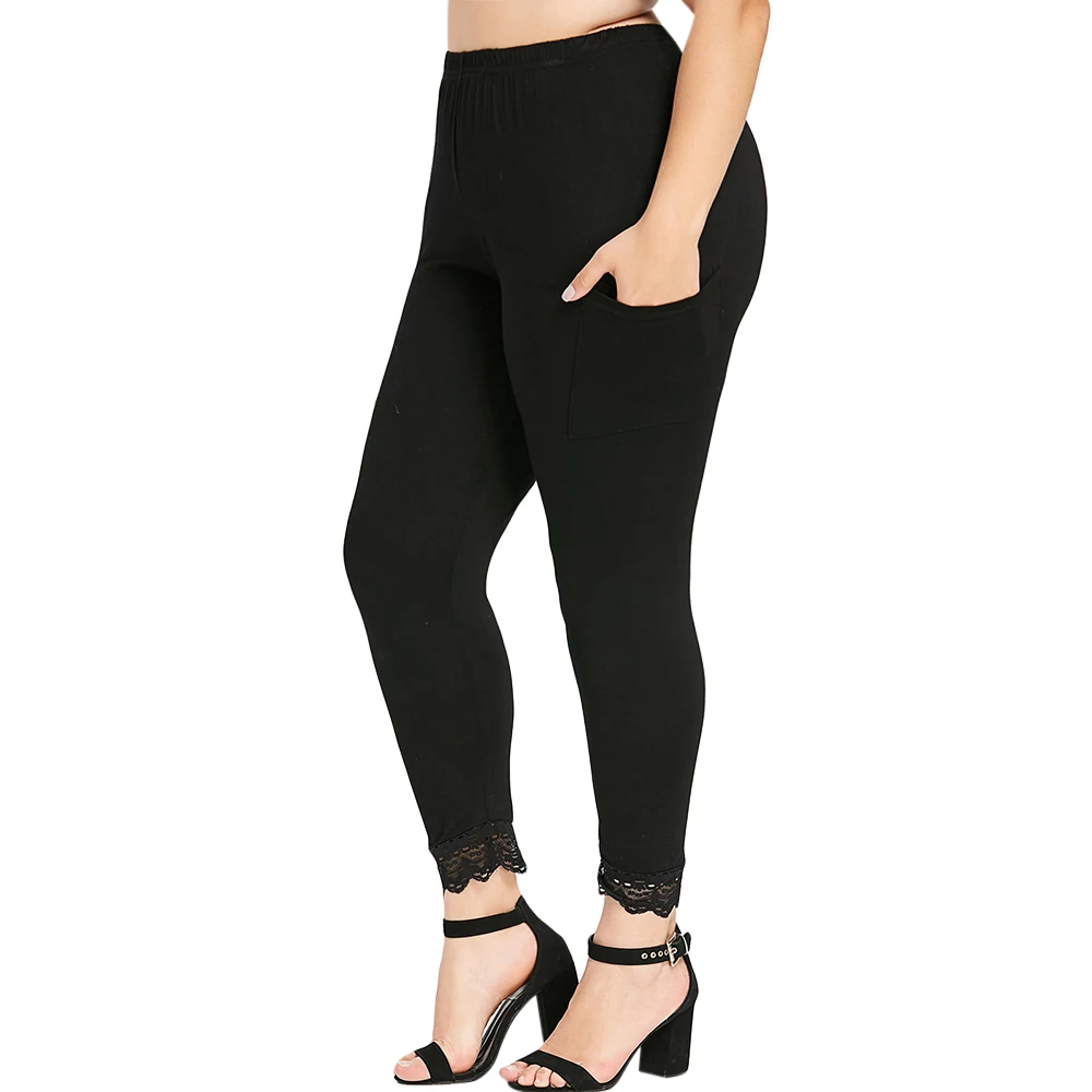 Женские кружевные леггинсы Rosegal черные облегающие большого размера с карманами и