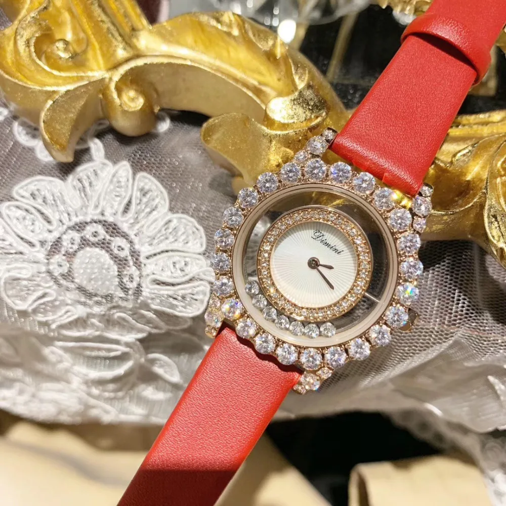 

Часы наручные стразы женские прозрачные, модные водонепроницаемые с подвижными кристаллами, с ремешком из натуральной кожи