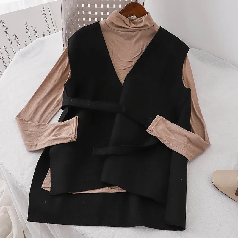 Neploe Two Pieces Sloid Elastic Long Sleeves T-Shirts+Spilt V-Neck Sashes Vest 2019 Autumn New Fashion Slim OF T-Shirt 69022 | Женская
