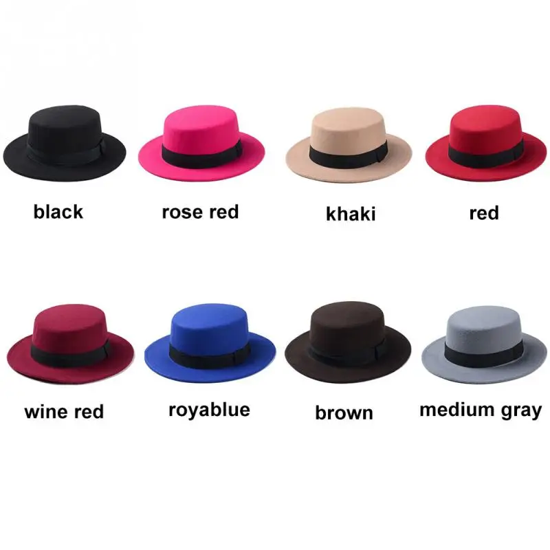 New Fashion Wool Boater Flat Top Hat For Women Felt Wide Brim Fedora |