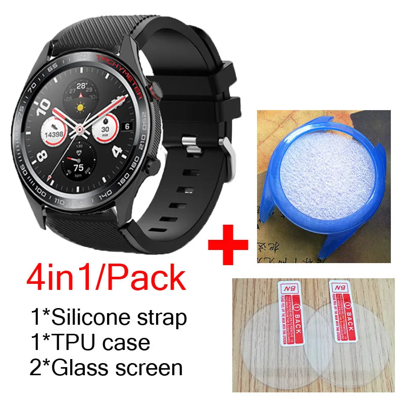 black-blue 4в1/упаковка силиконовых полос для huawei Honor watch Magic Dream ремешок ТПУ чехлы оболочка мягкий браслет для часов+ стекло Защита экрана - Цвет: black-blue