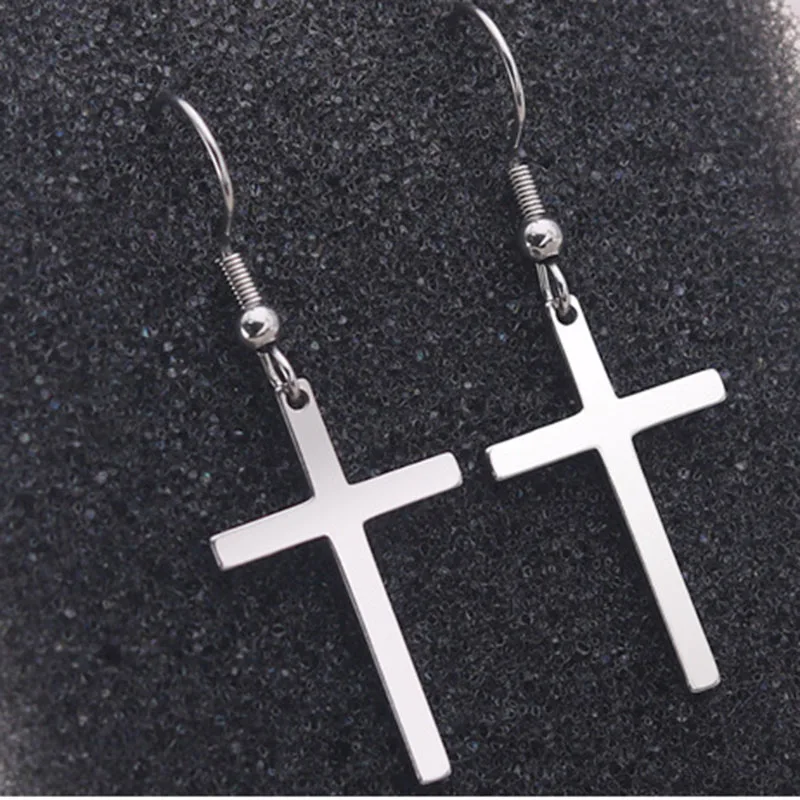 Женские и мужские длинные серьги подвески с крестом из нержавеющей стали черного