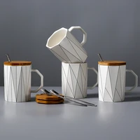 creative matte geometric mug with bamboo lid metal spoon line ceramic cup mugs microwave milk cup home office drinkware 400ml