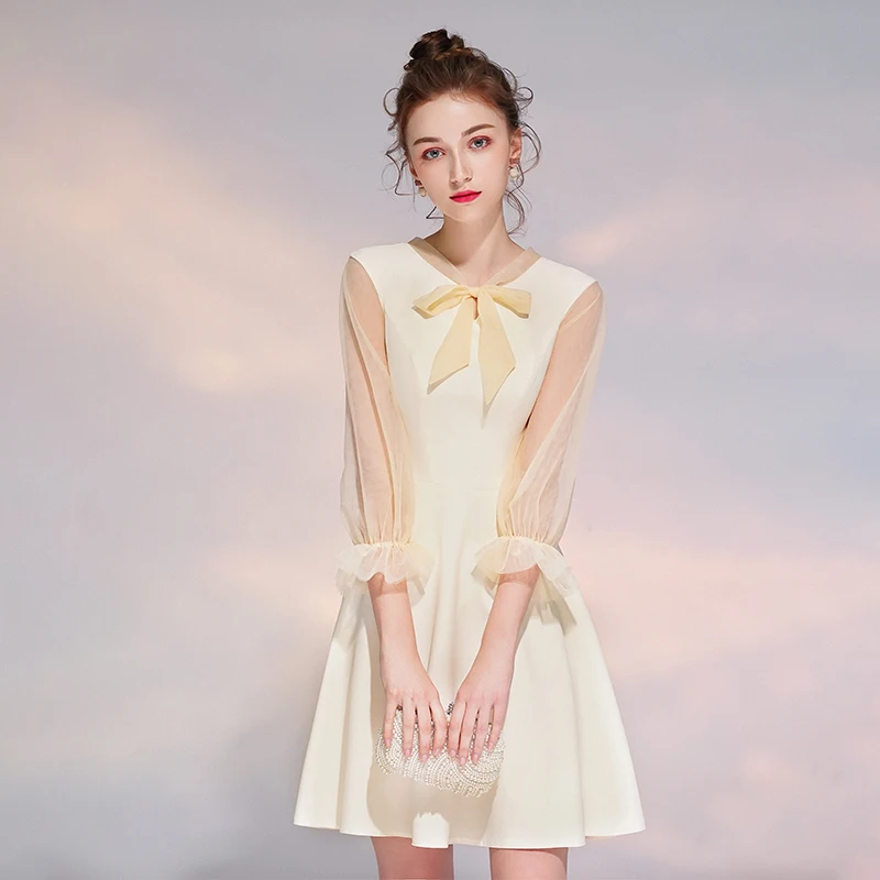 SSYfashion лук 3/4 рукава молния сзади длиной выше колена Мини Шампанское Элегантные
