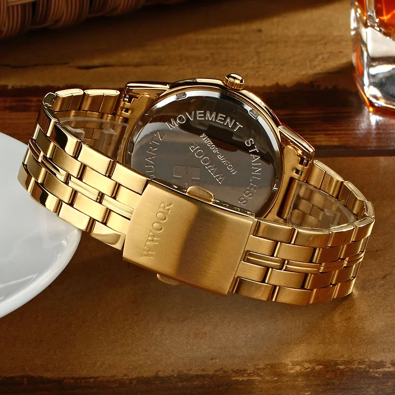 WWOOR мужские водонепроницаемые часы из нержавеющей стали повседневные золотые