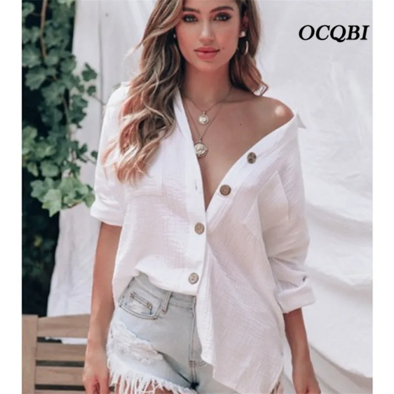

Plus Size 2019 Womens Summer OL Top Blouses Vintage Casual Sexy Shirt Korean White Fashion Clothing