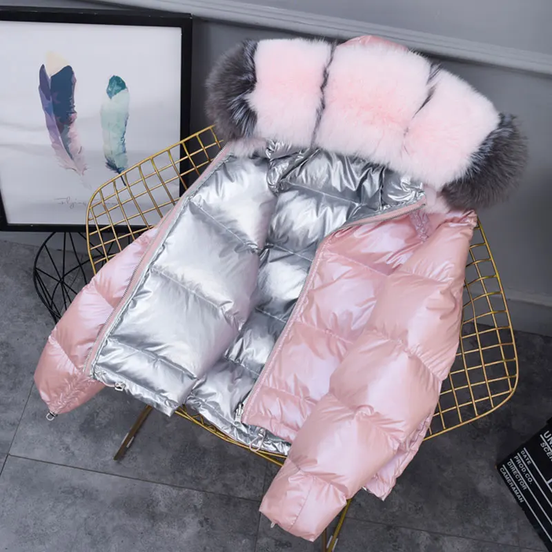 Pink Пальто с натуральным лисьим меховым воротником зимняя куртка женская Свободная короткая пуховая куртка белая пуховая куртка Толстая теплая пуховая парка - Цвет: Pink