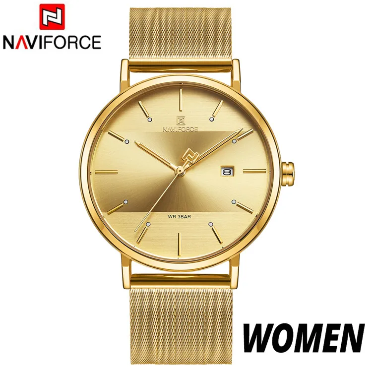 NAVIFORCE мужские часы с синим циферблатом из нержавеющей стали водонепроницаемые мужские часы Роскошные бизнес аналоговые кварцевые мужские часы модные - Цвет: WOMEN Gold