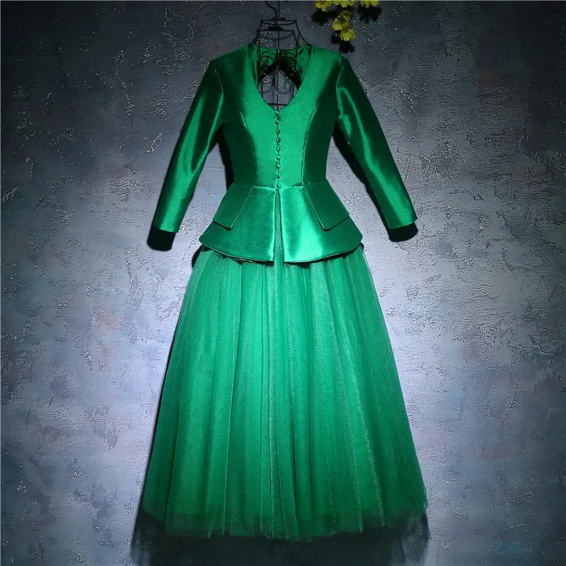 

В наличии с длинным рукавом v-образным вырезом платье для Выпускной Пром Платья для вечеринок Зеленый тафта Vestido де noche халат de soiree 16419