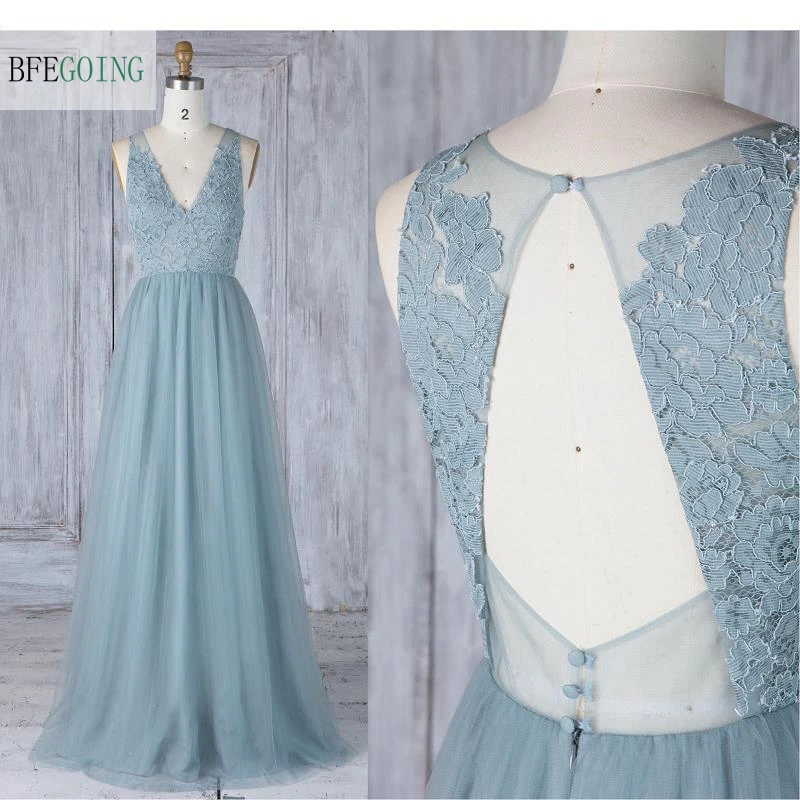 

Lace Tulle Appliques A-line Floor-Length V-Neck Wedding dresses Sleeveless V-Back Bridal Gown