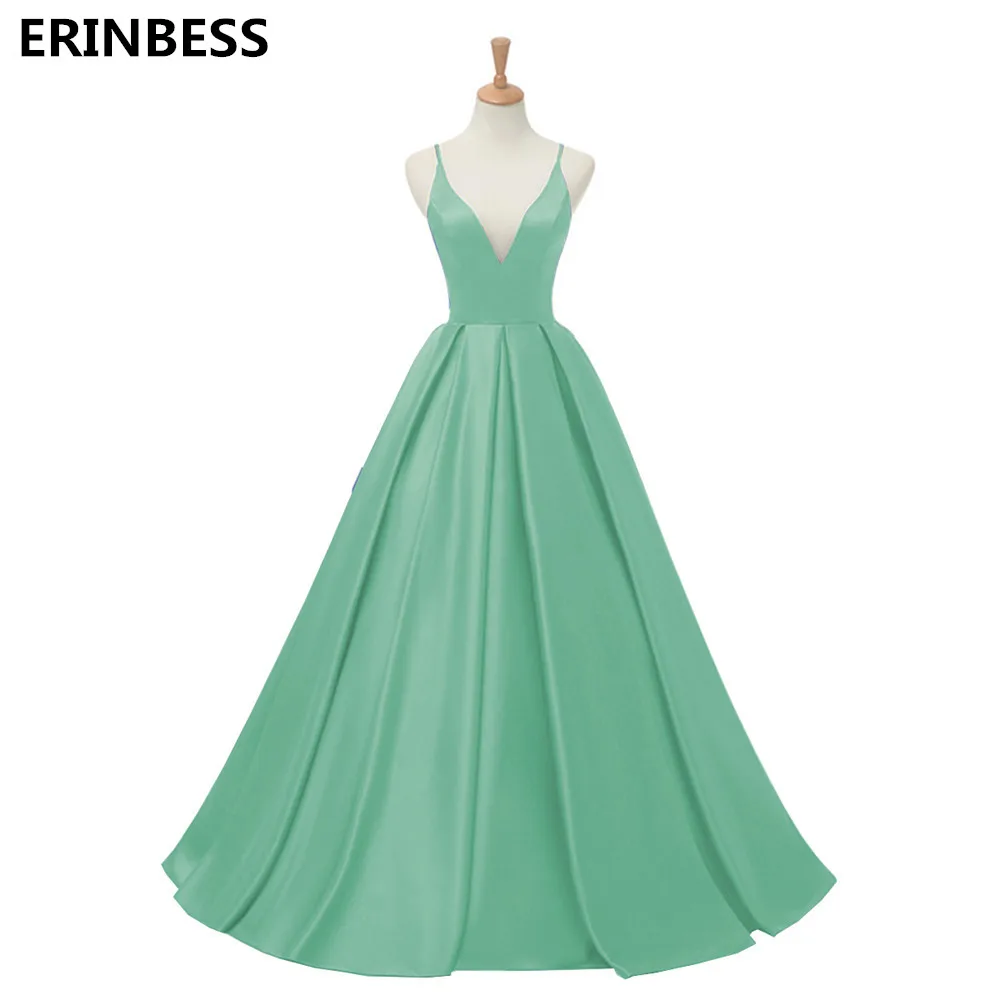 tiffany blue Красное сексуальное сатиновое вечернее платье, длинное ТРАПЕЦИЕВИДНОЕ платье для выпускного вечера, вечернее платье с v-образным вырезом, платье для выпускного вечера, открытая спина, Robe De Soiree - Цвет: tiffany blue