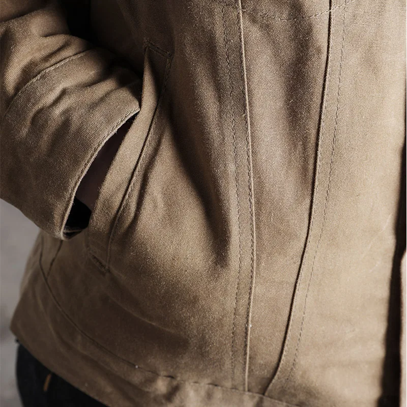 

2019 American Vintage Cotton Cloth Jacket Business Casual Oil Wax Wick Velvet Collar Jacket Spring Autumn Khaki Button Coat