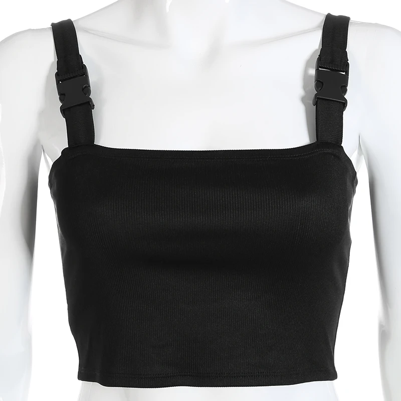 Harajuku Gothic Fashion 2019 Summer Black Buckle Women Vest Sleeveless Crop Tops Hip Hop Streetwear Sexy Short Cropped Tank Top |