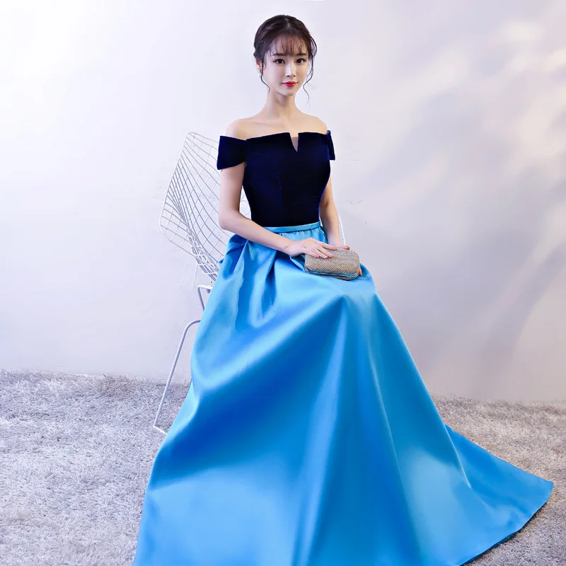 Blue Long Prom Dresses 2019 New Off The Shoulder Gown Satin Formal Dress Women Occasion Party Robe De Soiree | Свадьбы и торжества