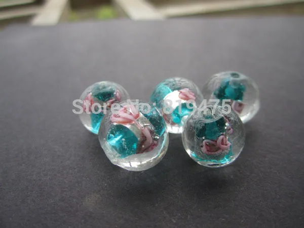 

20Pieces/Lot 12mm Lampwork Glass Beads Flower With Silver Color Foil Teal Green Color for jewelry making
