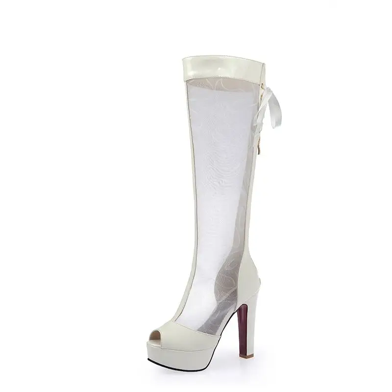 Женские сапоги до колена на платформе с открытым носком размеры 34 44|womens knee high