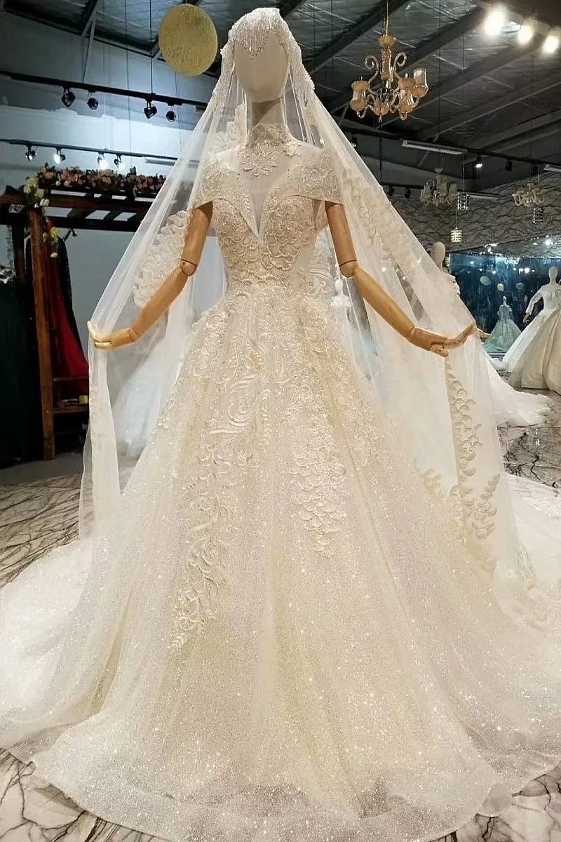 Elegant Lace Ball Gowns Wedding Dresses Vestido De Noiva Puffy Beaded Up Chapel Train Cap Shoulder Bridal Casamento | Свадьбы и