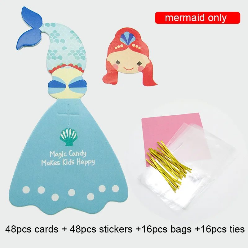 mermaid only 16 упаковок супер герой принцесса мультфильм конфеты Леденец Украшения карты с сумкой для детей день рождения принадлежности подарок аксессуары - Цвет: mermaid only