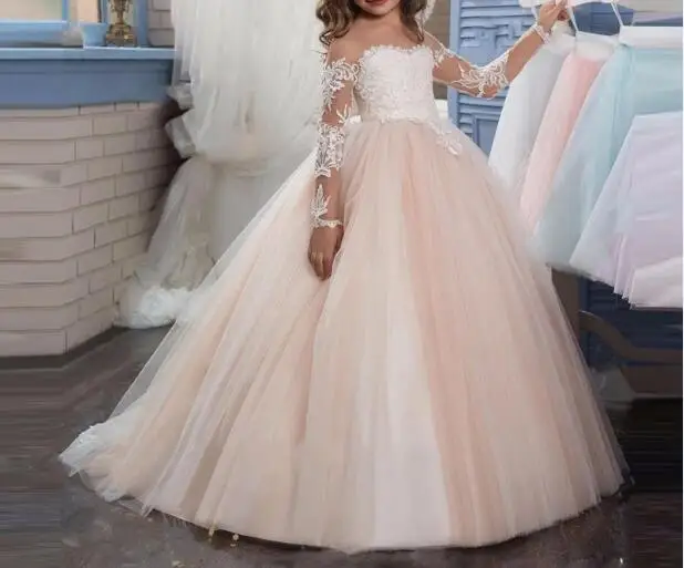 

2020 Romantic Champagne Puffy Lace Flower Girl Dress for Weddings Organza Ball Gown Girl Party Communion Dress Pageant Gown