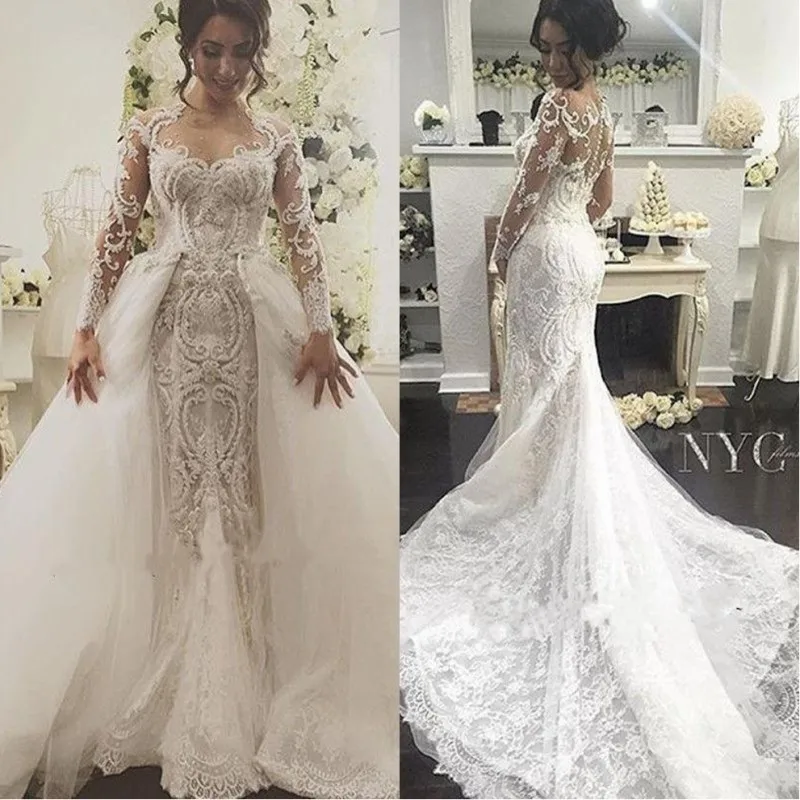 

Vintage Lace Mermaid Wedding Dresses With Detachable Train 2021 robe de mariee Sheer Illusion Long Sleeve Wedding Gowns Handmade