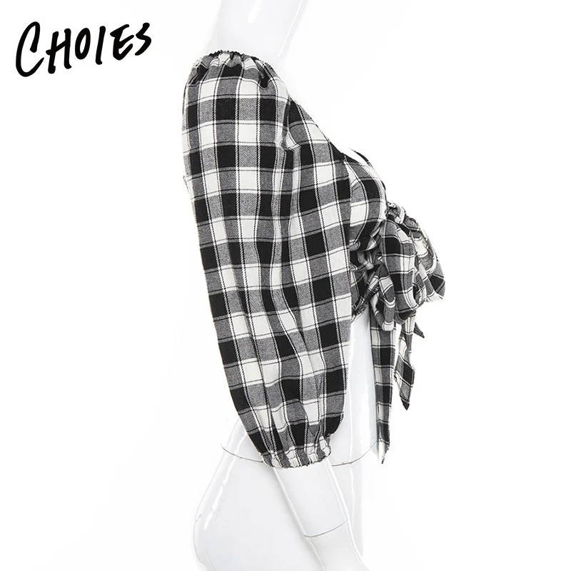 Черный плед квадратный вырез с завязкой спереди буфами на рукавах укороченная