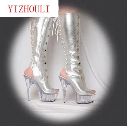 15cm Fashion knight female platform ladies high heel knee high boots woman open toe shoes pu strappy boots clubbing high heels