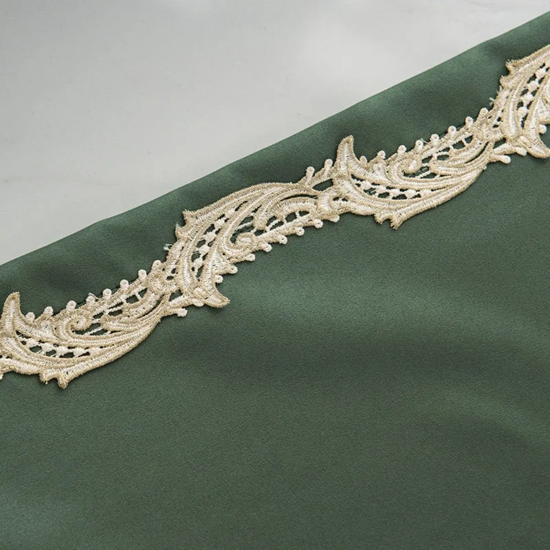 New Arrival Chinese Style Luxury Faux Silk Dark Green Window Curtains for Living Room Bedroom Embroidery Lace Drape