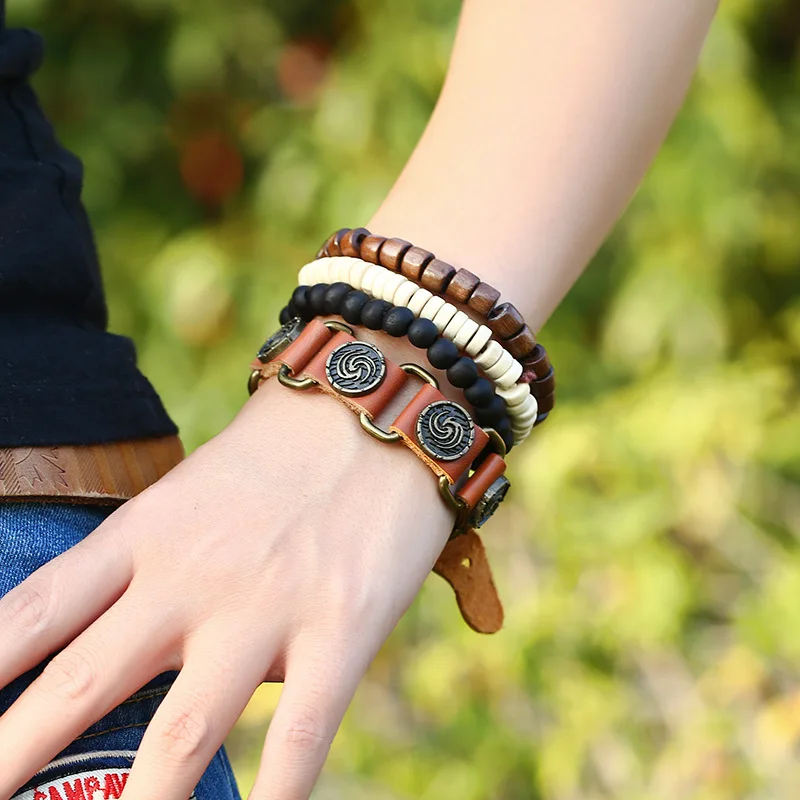 4 шт./компл. коричневые деревянные бусины черные матовые натуральная кожа панк