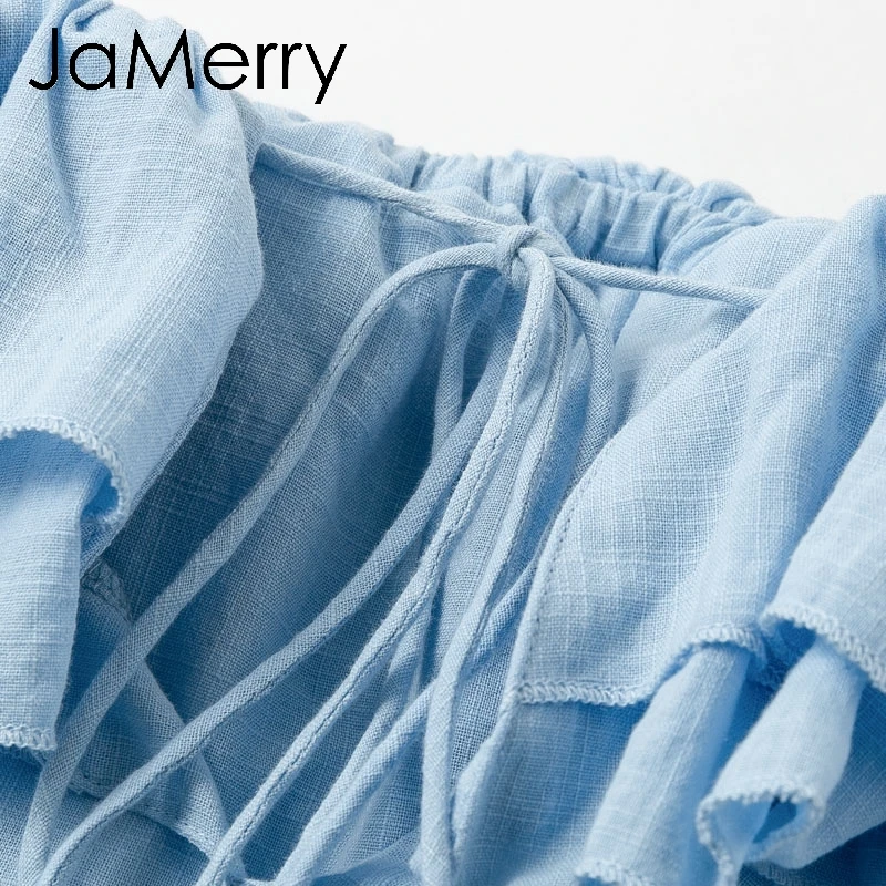 JaMerry Винтаж Лен с оборками на шнуровке Женская майка Топы sexy плеча летние плотные