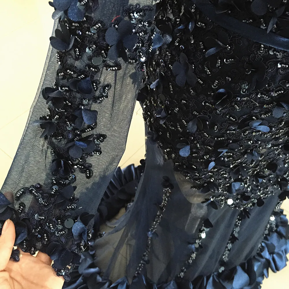Long Sleeves Dubai Mermaid Prom Dresses Navy 2020 Beading Crystal Lace 3d Flowers Formal Evening Party Dresses vestidos de festa