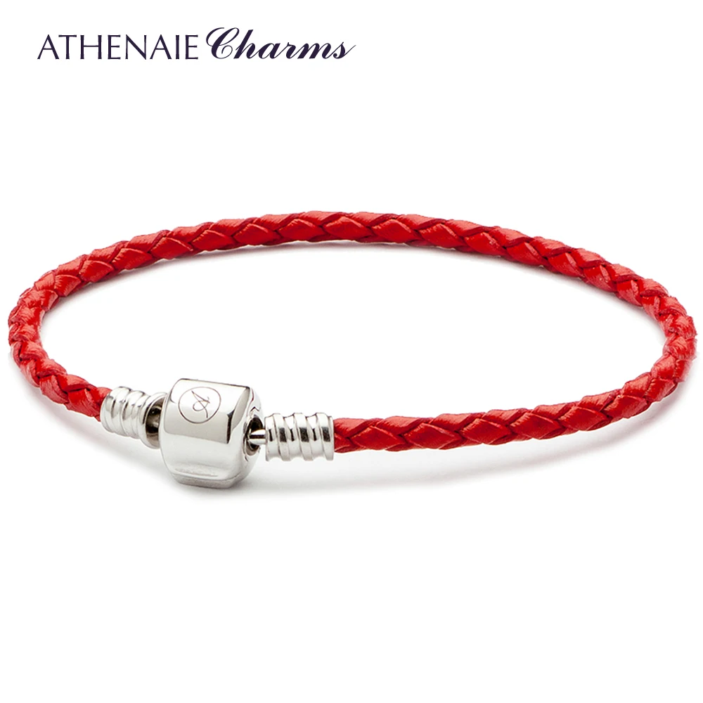 ATHENAIE, 925 пробы, серебряный, красный, один плетеный кожаный браслет, застежка-защелка, подходит для всех европейских женщин, очаровательные бусины