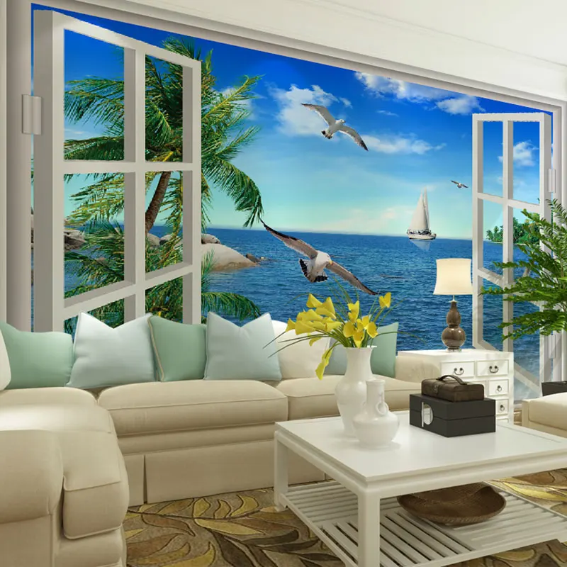 beibehang Mediterranean seascape window seabirds papel de parede 3d photo mural wallpaper for living room wall papers home decor beibehang custom wallpaper 3d retro diamond wall living room bedroom restaurant wall papers home decor papel de parede wallpaper