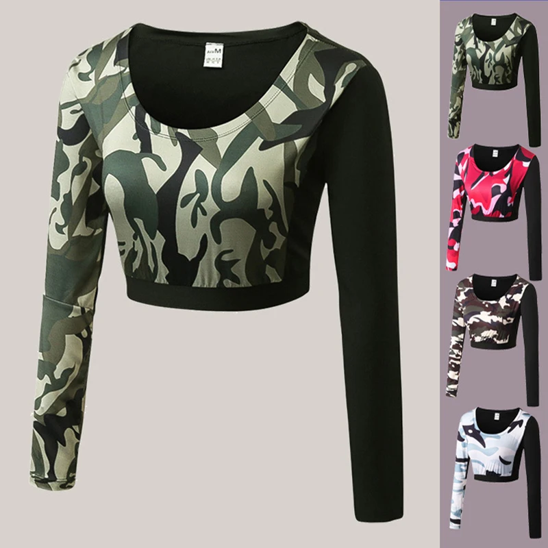 Женский укороченный топ с открытым пупком камуфляжный длинным рукавом и базовым