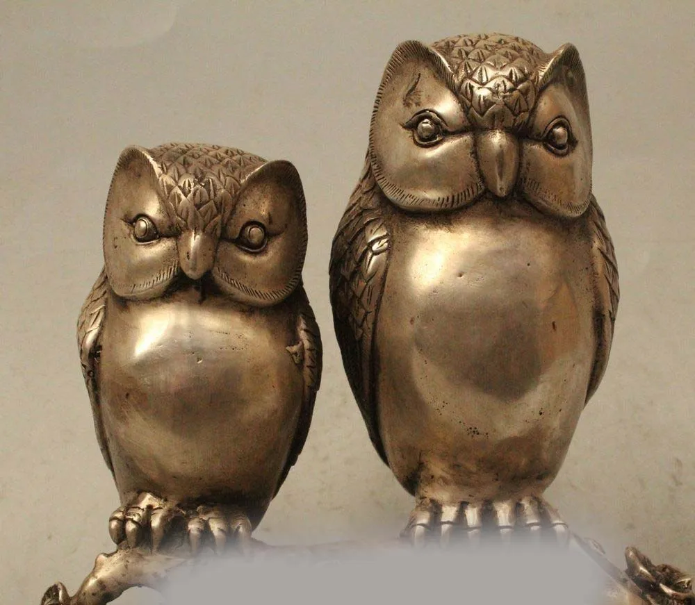 10&quot Folk Chinese Silver Sculpture Carved 2 Love Bird Scout Minerva Owl Statue | Дом и сад