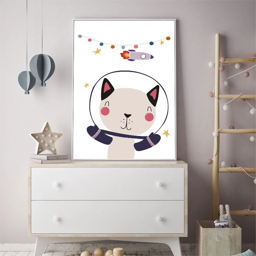 Детские Wall Art Изображение из мультфильма Животные космонавта холст для живописи