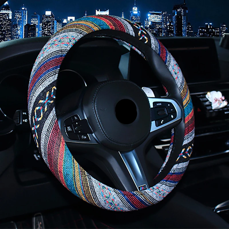 

38cm Universal Car Steering Wheel Cover Universal Fit Most Cars New Blanket Auto Steering Braid Ethnic Style Coarse Flax Cloth