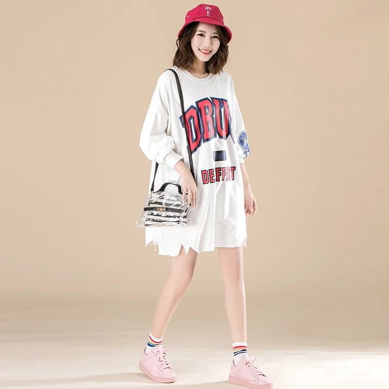 2019 Весенняя свободная футболка с длинным рукавом для женщин Корейский Письмо