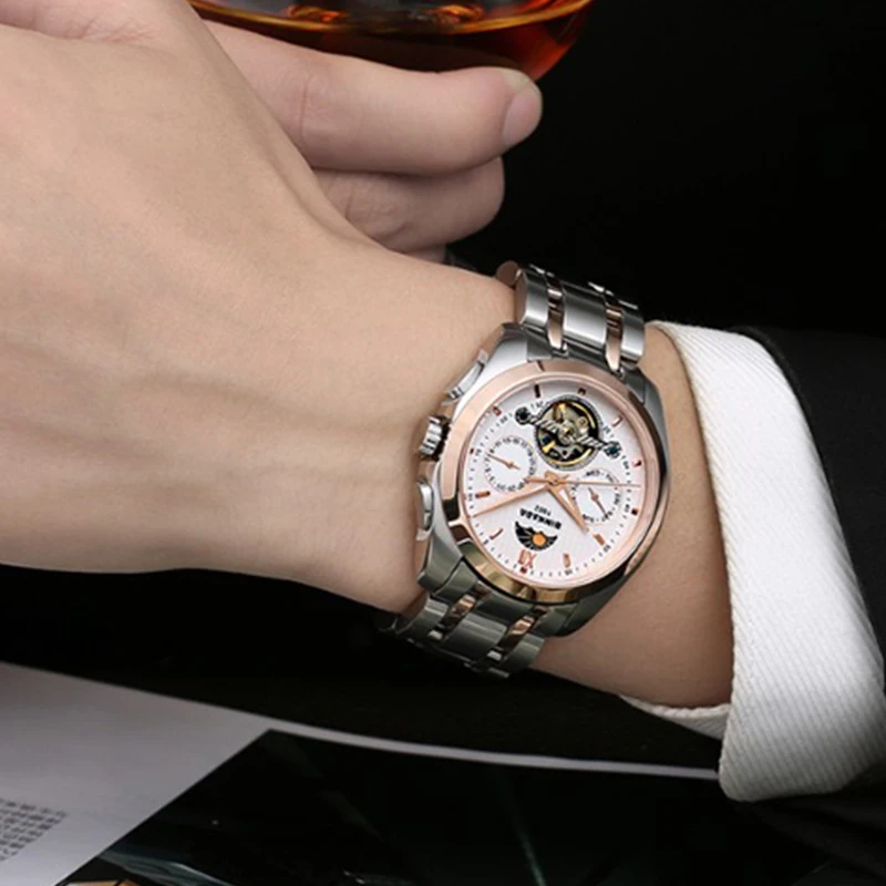 Большие размеры деловые механические часы мужские s Skeleton Tourbillon автоматические
