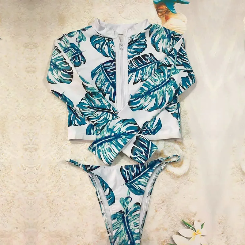 2018 новые листья печати сетки сплайсинга бикини набор женщин молния для высокого