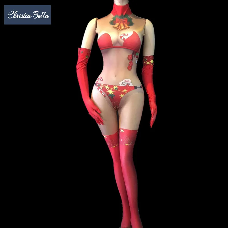 

Christia Bella Christmas Party Jumpsuits Sexy Nude Leotard Women Bodysuit Nightclub DJ Singer Outfit Sets Pole Dancing Costumes