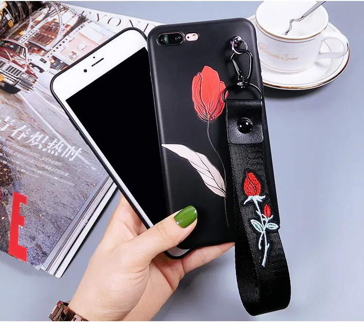 Чехол для iPhone 7 Кожа 3D рельефный розовый цветок Мягкий ТПУ с цветочным ремешком
