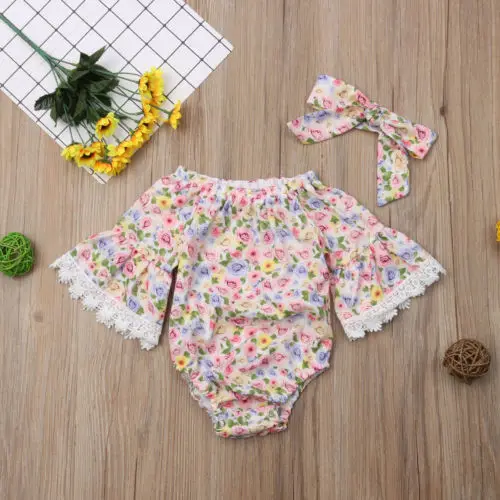 2018 модные детские для маленьких девочек Цветочный принт вспышки Кружева Sleece боди