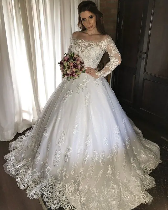 

Vestido De Noiva New Fashion A Line Vintage Lace Applique Wedding Dress Chapel Train Sheer Bateau Neck Long Sleeve Wedding Gown