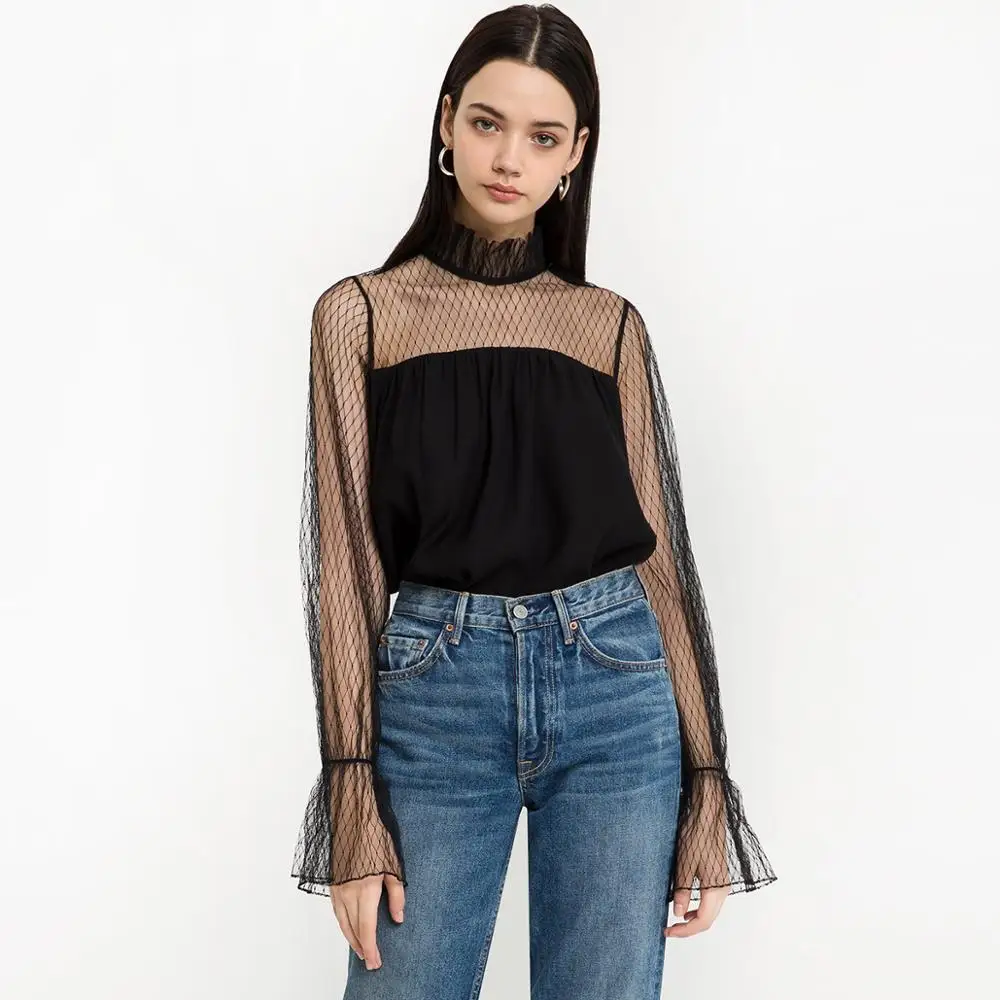 Сексуальный черный прозрачный сетчатый топ с воротником-стойкой и расклешенными